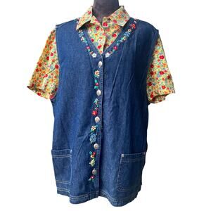 Vintage  Susan Bristol Casuals Floral Short and Denim Embroidered Vest Sz XL